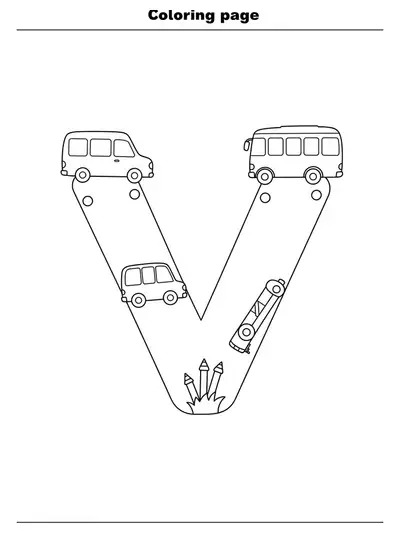 Large letter V with simple vehicle outlines like car, van, and bus for preschoolers.