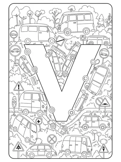 Intricate vehicles coloring page with the letter V, vans, and cars for preschoolers.