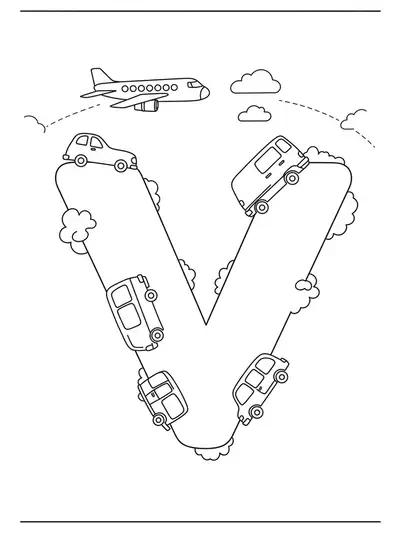 Large letter V with cars, vans, and an airplane flying around it.