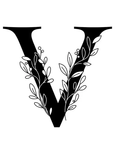 Printable coloring page of letter V with modern botanical vines for teens.