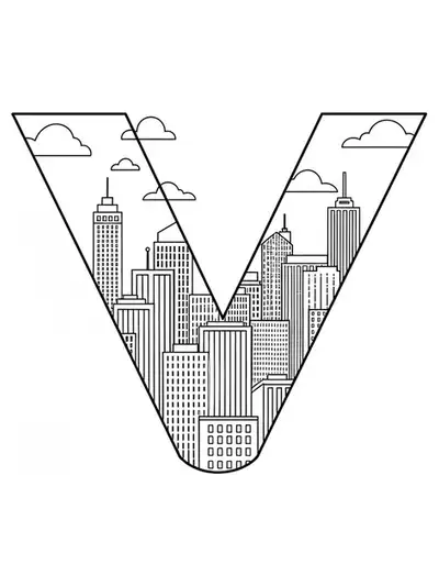 Easy coloring page for teens of letter V with city skyline and buildings.