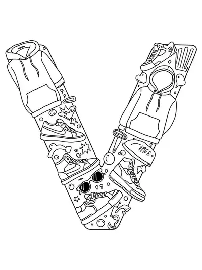 Printable coloring page of letter V with trendy street fashion items for teens.