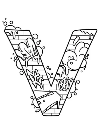 Easy coloring page of letter V styled with urban graffiti art for teens.