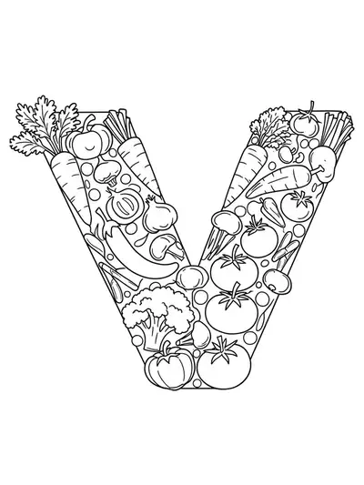 Black and white line art of the letter V surrounded by different vegetables with medium detail, designed for elementary children.