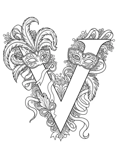 Line art of the letter V with detailed Venetian masks, feathers, and ribbons for adult coloring.