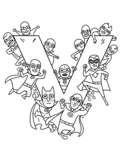 Outline drawing of the letter V with cartoon villains in masks and capes, action effects, medium detail for elementary kids.