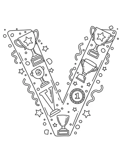 Easy coloring page for teens of letter V with victory trophies and celebration.