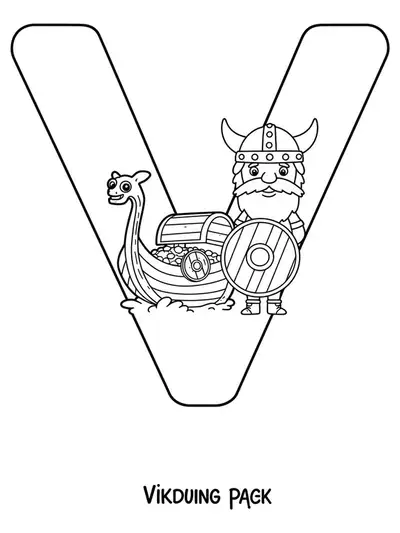 Large letter V with a cartoon Viking, Viking ship, shield, and treasure chest.