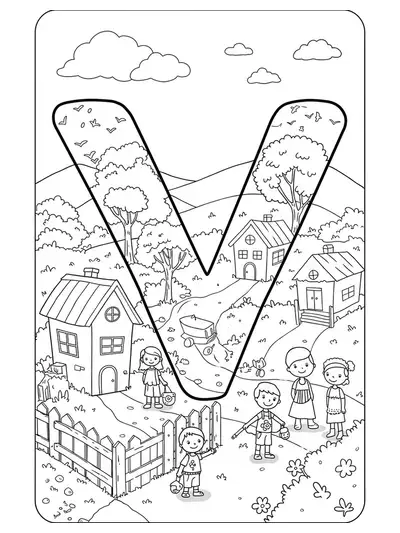 Large letter V in a village scene with simple houses, trees, and people.