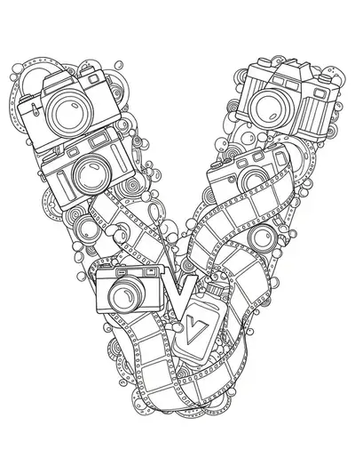 Line art of the letter V decorated with vintage cameras and film reels for adult coloring.