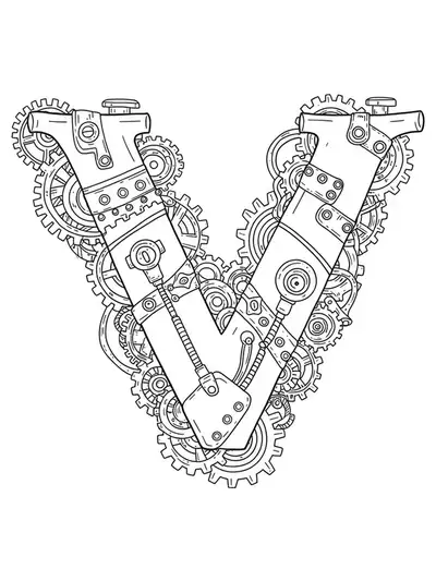 Line art of the letter V integrated with vintage mechanical gears and steampunk elements for adult coloring.