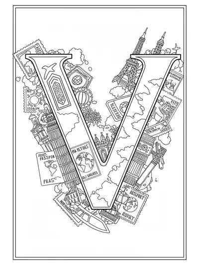 Line art of the letter V surrounded by vintage travel poster elements and world landmarks for adult coloring.