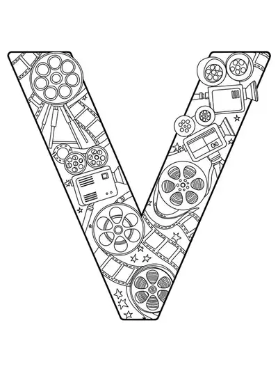 Easy printable coloring page of letter V with vintage video cameras for teens.