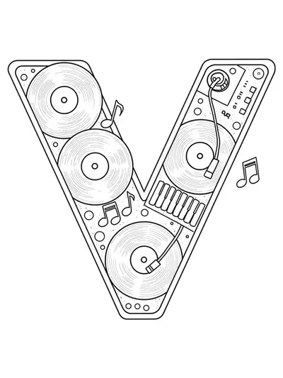 Printable coloring page of letter V with vinyl records and music notes for teens.