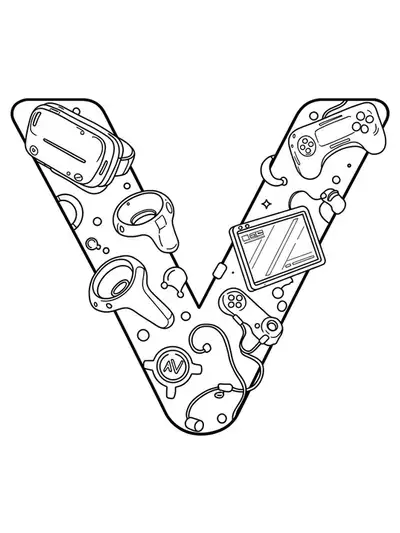 Printable coloring page of letter V with virtual reality gaming elements for teens.