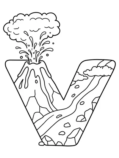 Large letter V next to a volcano erupting with lava and smoke.