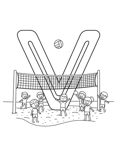 Large letter V with a volleyball net, ball, and children playing.