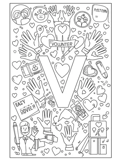 Printable coloring page for teens of letter V and volunteering scene with hands and hearts.