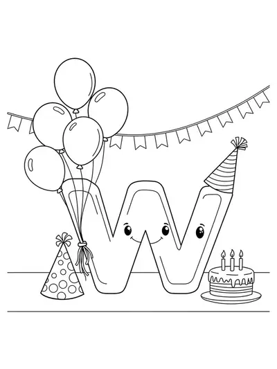 Large letter W with balloons, party hat, and birthday cake