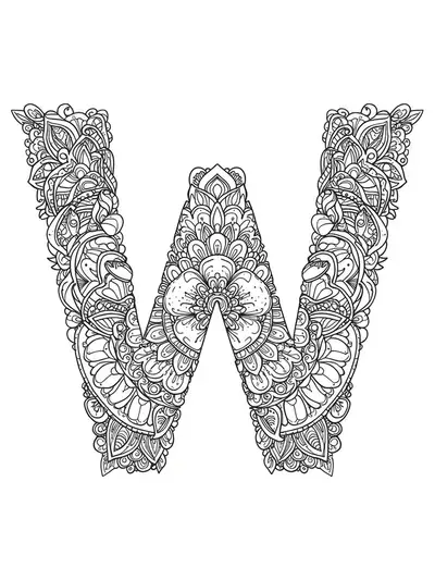 Intricate mandala patterns intertwine with the letter W in a complex coloring page for adults.