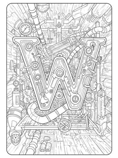The letter W surrounded by intricate steampunk gears, pipes, and machinery in a complex adult coloring design.