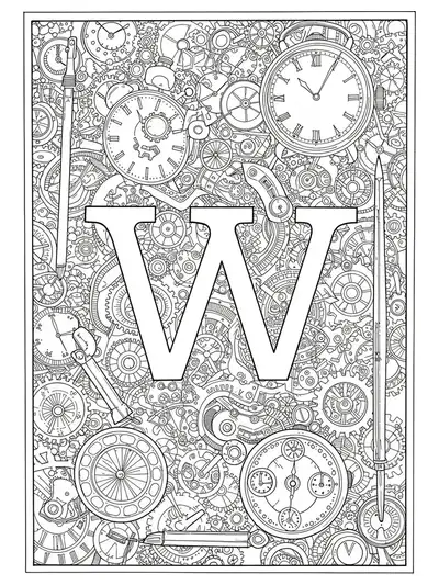 The letter W is surrounded by tiny clockwork gears, cogs, and intricate watchmaking tools in a complex adult coloring page.