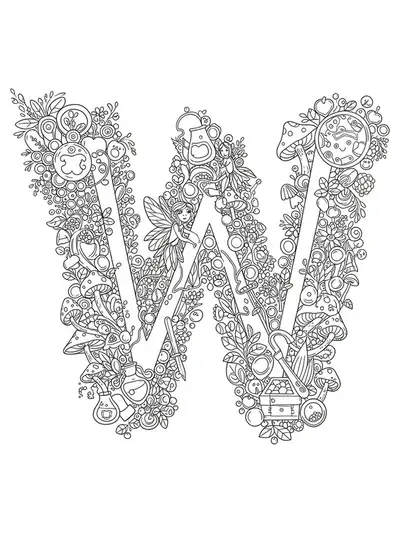Intricate fairy wings, tools, and magical details surround the letter W in a whimsical adult coloring page.
