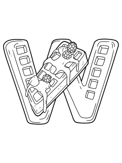 Letter W with a waffle, syrup, and berries for breakfast food coloring page.