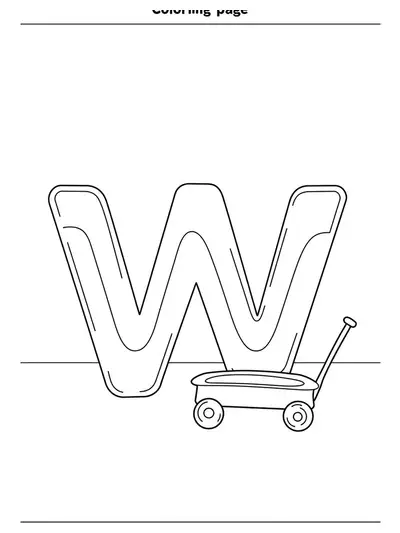 Letter W with a simple wagon for vehicle-themed coloring page.
