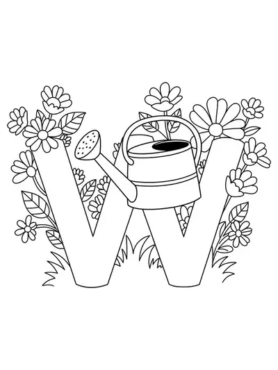 Large letter W with a watering can pouring water on flowers
