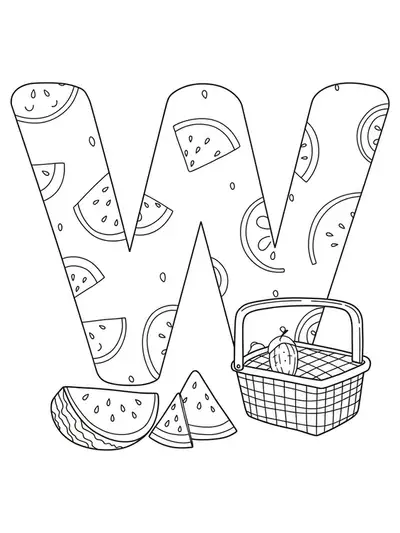 Letter W with watermelon slices and a picnic basket