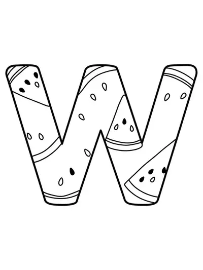 Letter W with watermelon slices for summer food coloring page.