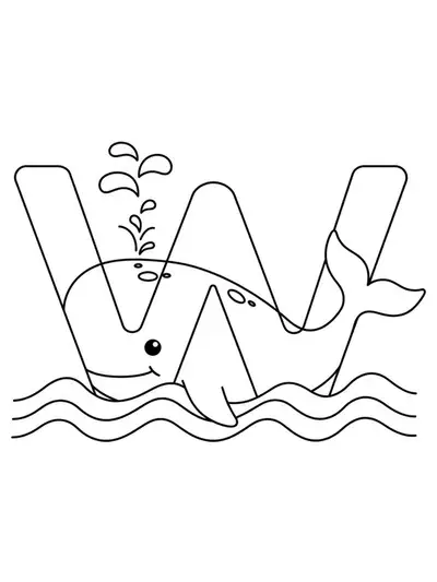 Large letter W with a smiling whale and simple ocean waves