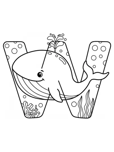 Letter W with a whale, bubbles, and seaweed for under the sea theme.