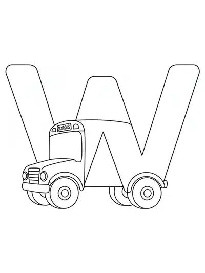 Large letter W with a simple school bus and big wheels