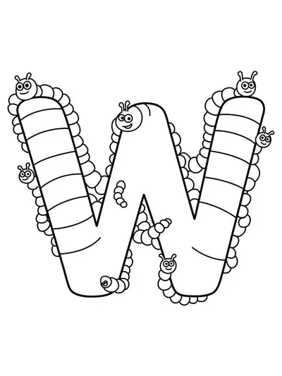 Large letter W with wiggly worms and smiling faces