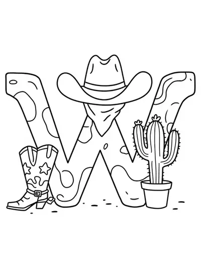 Large letter W decorated with cowboy hat, boots, and a cactus.