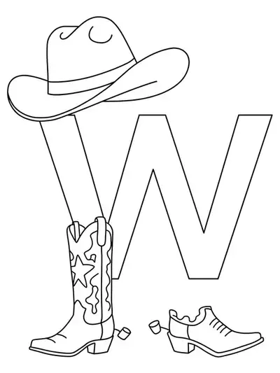 Big letter W with cowboy boots and a cowboy hat for Wild West theme