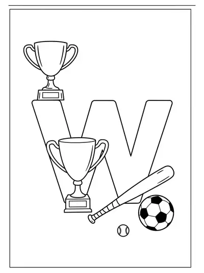 Letter W with a trophy, soccer ball, and baseball bat for sports theme.
