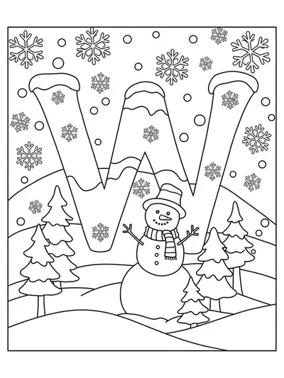 Letter W with snowflakes, snowman, and trees for winter coloring page.