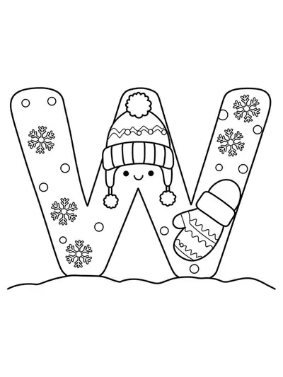 Large letter W with snowflakes, a woolly hat, and mitten for winter theme