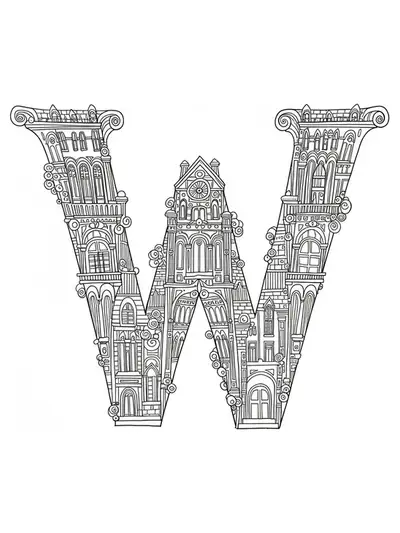 Complex cityscape and architectural motifs form and surround the letter W in a detailed adult coloring page.