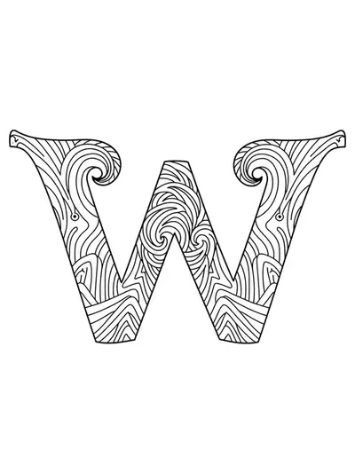 Large letter W with surrounding wave patterns in simple line art.