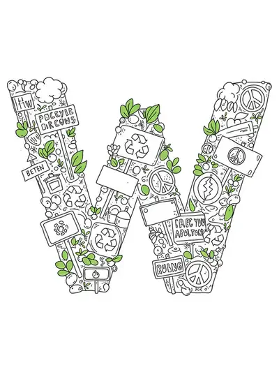 Letter W with protest signs, recycling symbols, leaves, and peace icons.