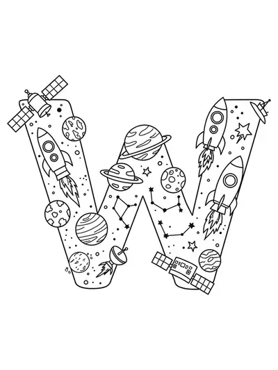 Letter W surrounded by rockets, planets, and space elements.