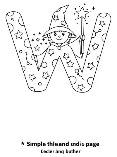 Letter W with a cartoon wizard, magic wand, and stars, designed for preschool coloring fun.
