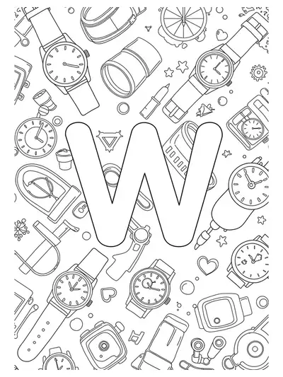 Large letter W with simple watch and wrist accessory outlines surrounding it.