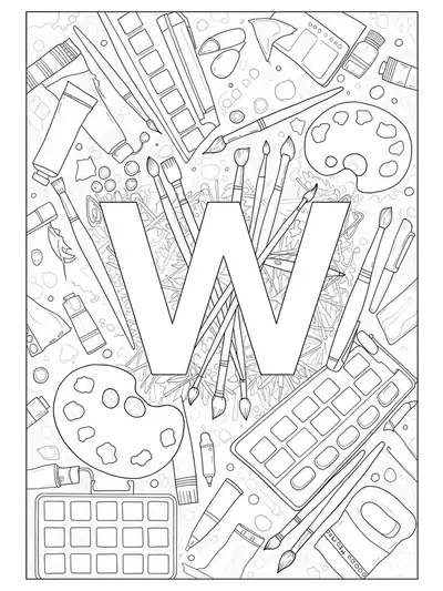 Letter W decorated with easy outlines of paintbrushes, palettes, and paint tubes.