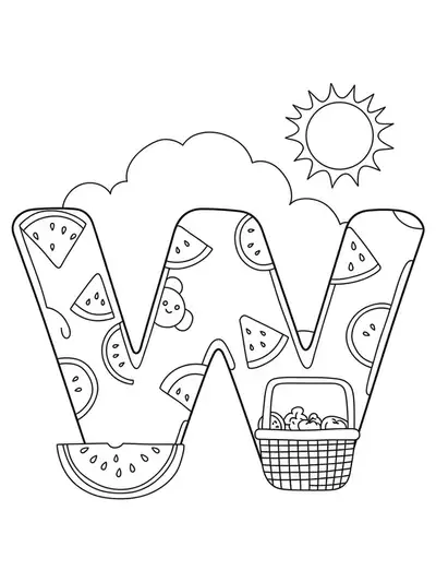 Letter W with watermelon slices, a picnic basket, and sun, perfect for preschoolers.
