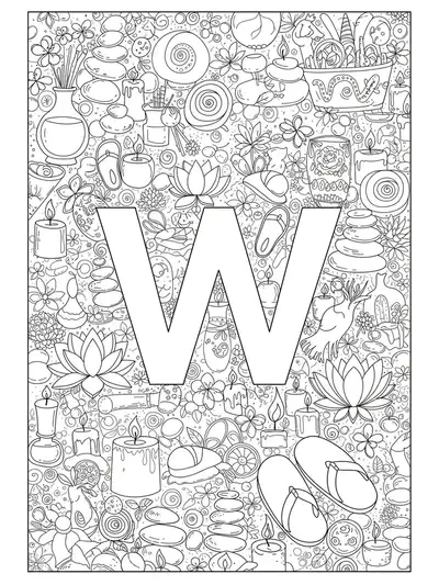 Letter W outlined with easy icons of candles, lotus flowers, and slippers for wellness theme.